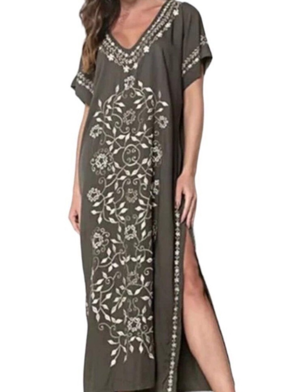 Dark Green White Embroidered Maxi Kaftan Dress NWT